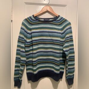 Land’s End Women’s Heavy Knit Blue Green Striped Sweater Crewneck 100% Cotton L
